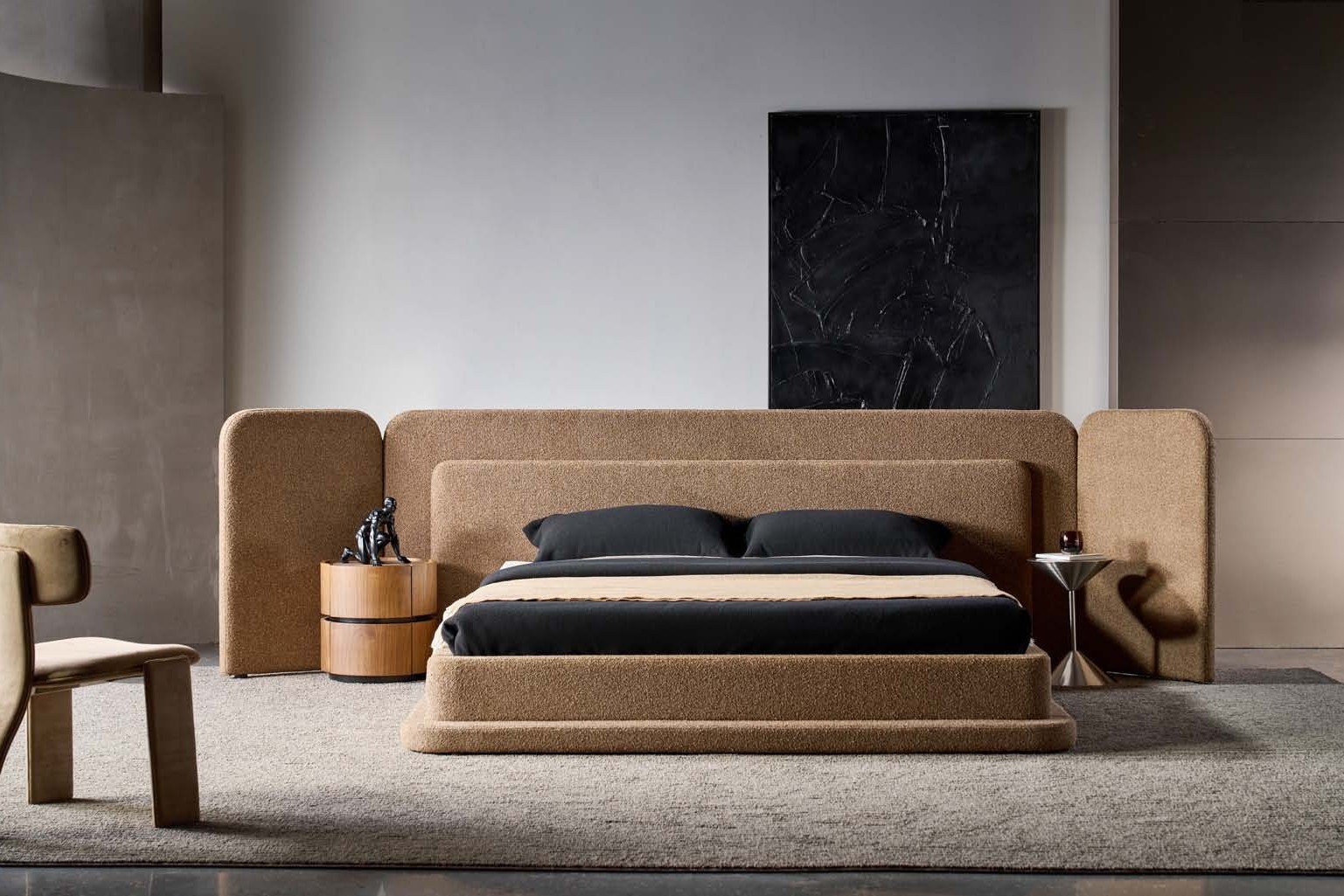Upholstered king size bed with a wide padded headboard, made in Hyderabad