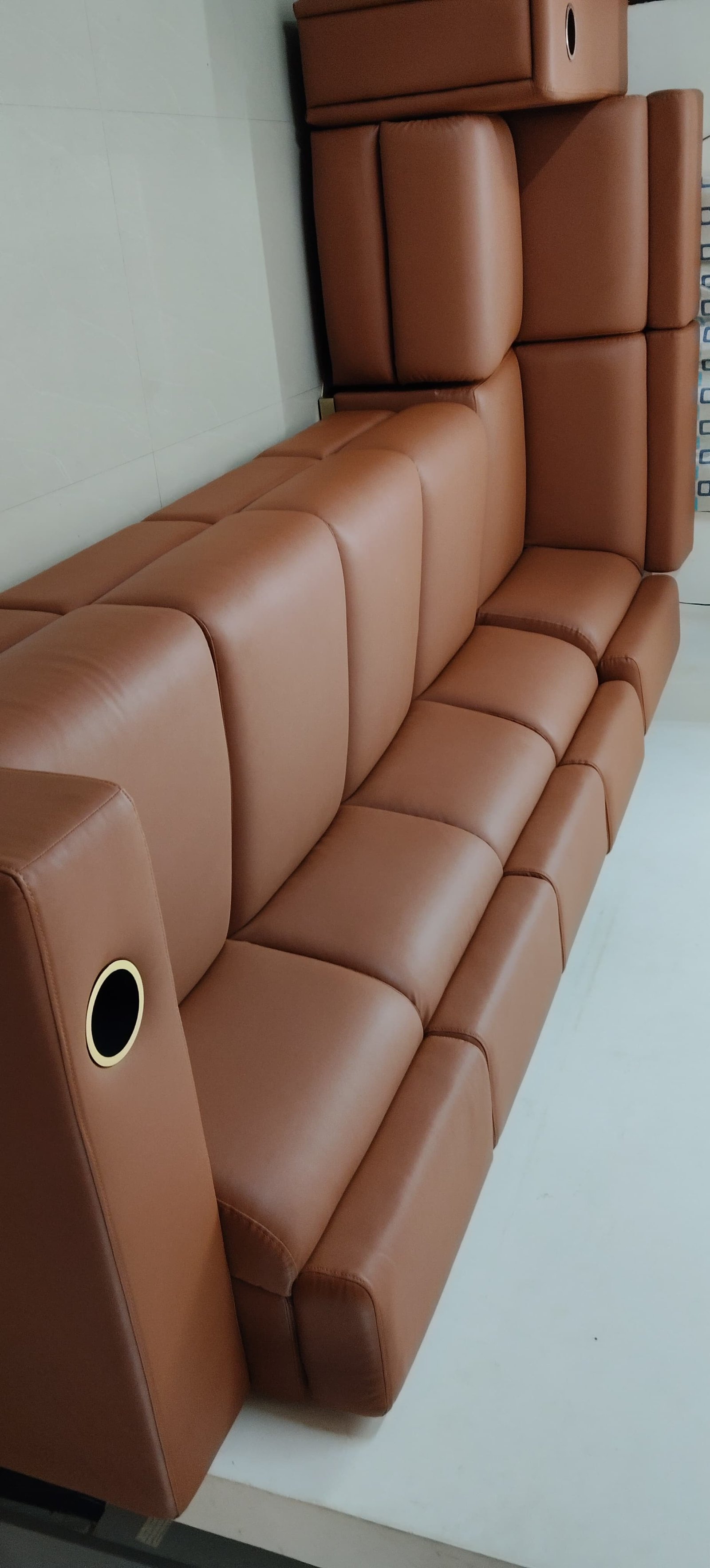 Maroon leather L-shaped recliner sofa